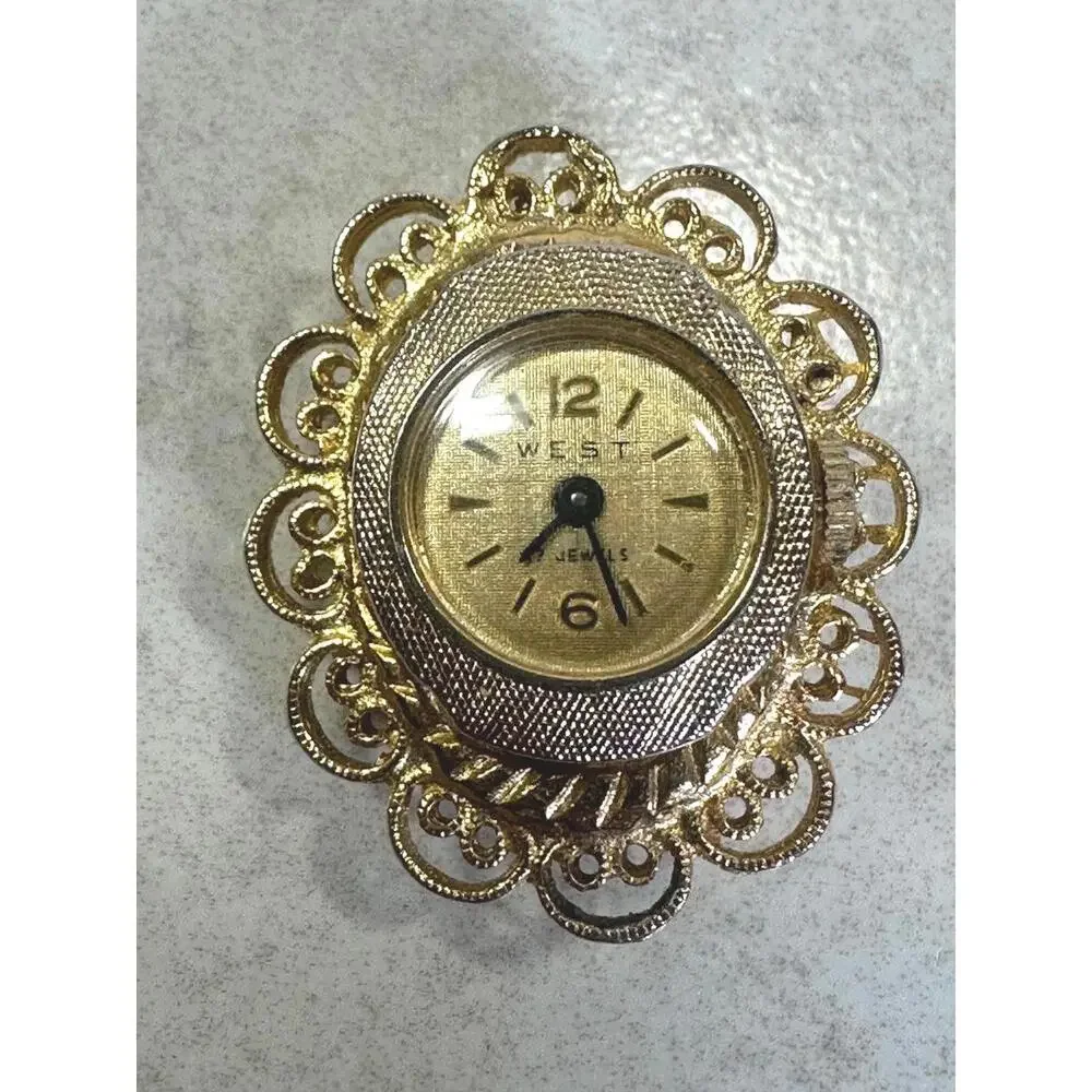 Vintage Cameo Secret Watch Brooch Gold Filigree Flip Clock Works Resin